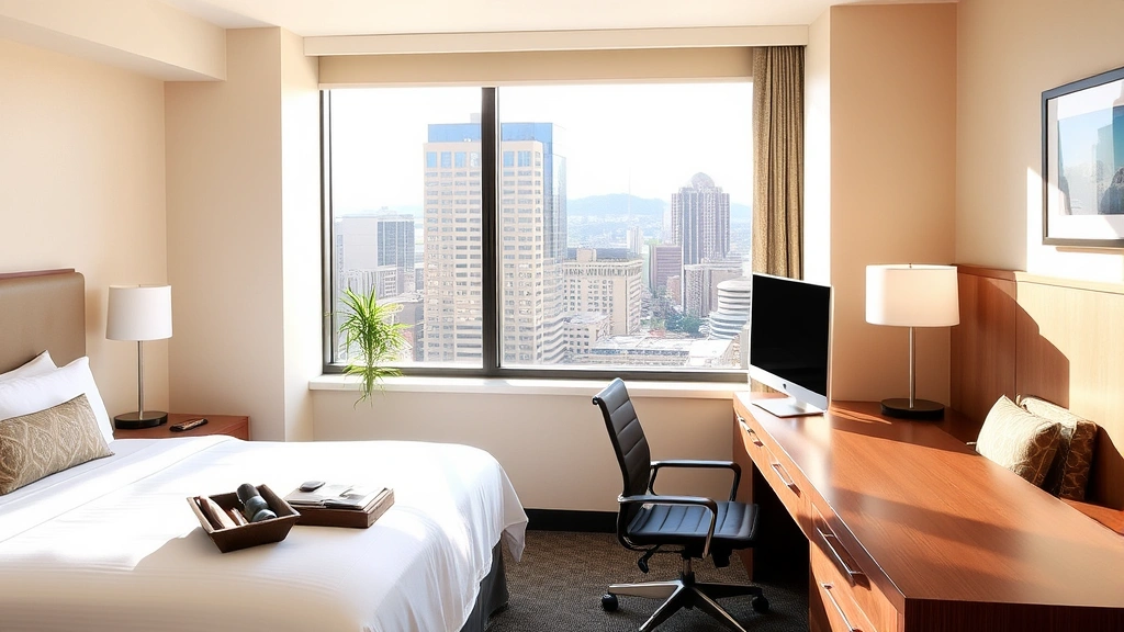 Modern hotel guest room with neutral tones, comfortable bedding, natural window light streaming in, contemporary desk workspace, potted plant on windowsill overlooking Pittsburgh cityscape