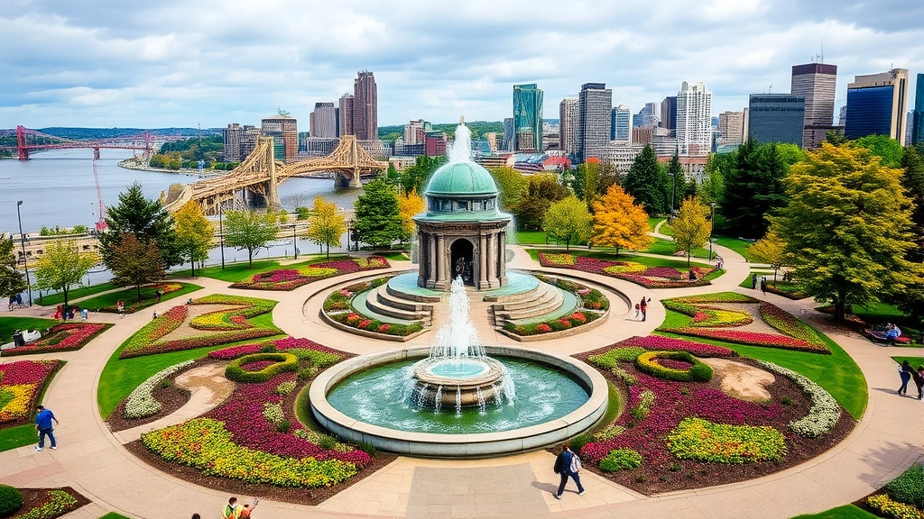 Point State Park with iconic fountain, manicured gardens featuring seasonal plantings, colorful flower beds, walking paths, river landscape, people enjoying outdoor green space in downtown Pittsburgh