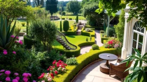 Lush green hotel courtyard garden with flowering plants, manicured hedges, and comfortable outdoor seating area overlooking landscaped grounds in daylight