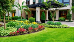 Lush green hotel landscaping with manicured garden beds, flowering plants, and natural lawn areas surrounding a modern hotel exterior entrance