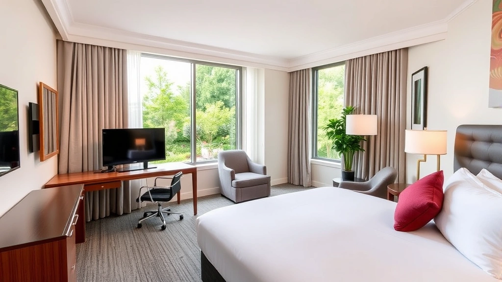 Bright, clean hotel room interior with comfortable bed, work desk, modern furnishings, and natural light from large windows overlooking gardens