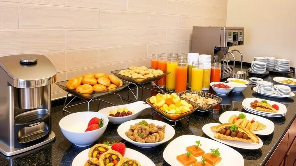 Complimentary breakfast buffet spread with fresh pastries, fruits, yogurt, juices, coffee service, and prepared dishes on white plates and serving dishes