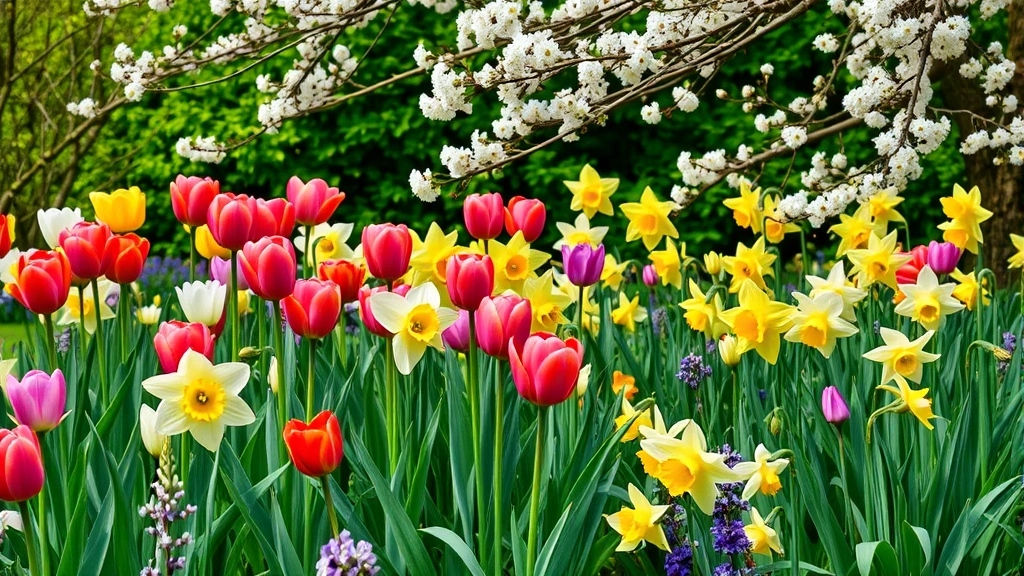 Lush spring garden with blooming tulips, daffodils, and flowering cherry tree branches, green foliage background, vibrant colors, natural daylight