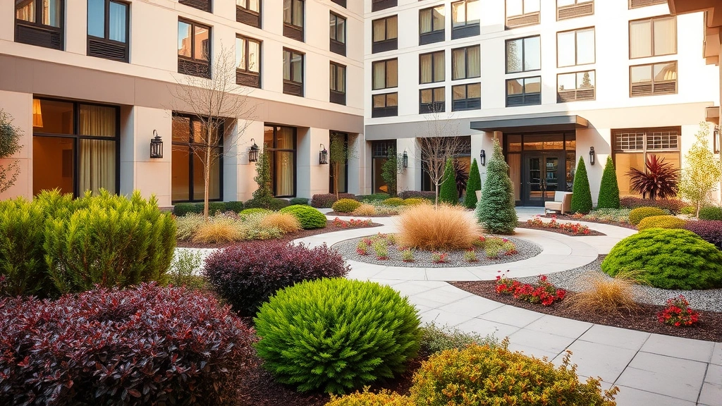 Professional hotel courtyard with ornamental shrubs, seasonal plantings, evergreens, and manicured beds, architectural landscaping design, afternoon sunlight