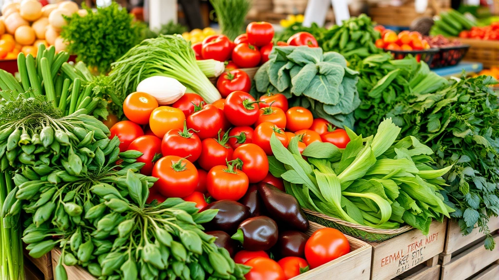 Farmers market display with fresh vegetables including tomatoes, peppers, leafy greens, and herbs in wooden crates, natural produce arrangement, morning light