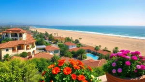 Panoramic view of Del Mar coastal village with Mediterranean-style buildings, sandy beach in background, and lush flowering plants in foreground planters