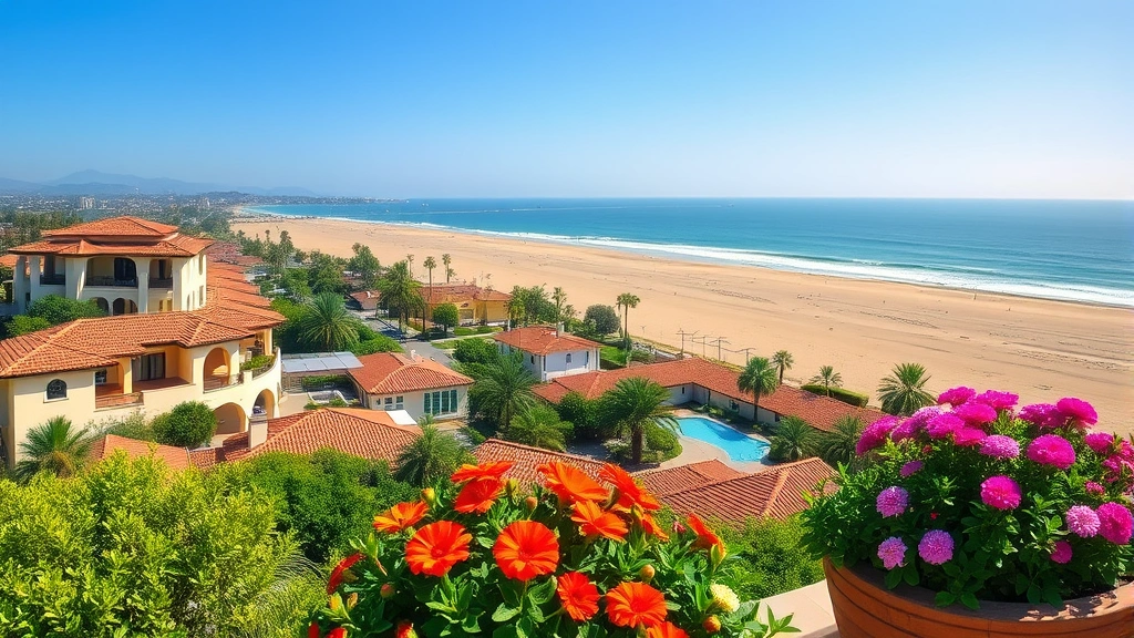 Panoramic view of Del Mar coastal village with Mediterranean-style buildings, sandy beach in background, and lush flowering plants in foreground planters