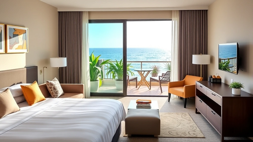 Bright, modern hotel room featuring contemporary furnishings, ocean view through window, balcony with garden plants, and comfortable seating area