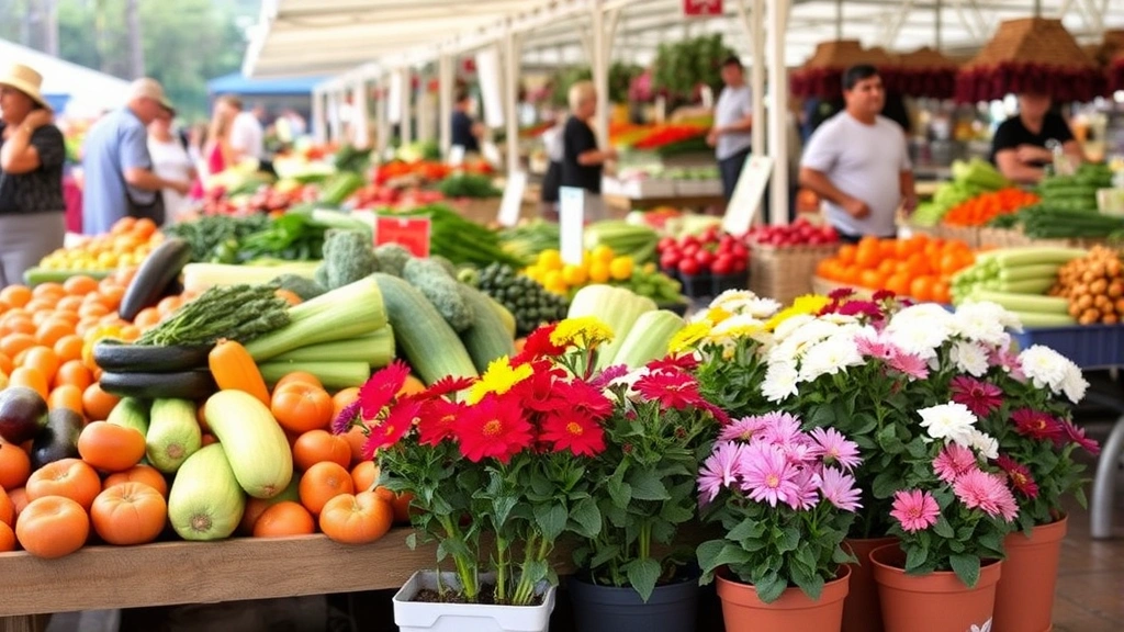 Del Mar Farmers Market scene with fresh vegetables, colorful produce displays, flowering plants in pots, and customers browsing seasonal California-grown items