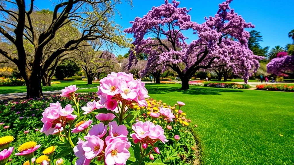 Vibrant spring flowers blooming in Balboa Park, San Diego—pink cherry blossoms, purple flowering trees, and lush green lawns under California sunshine