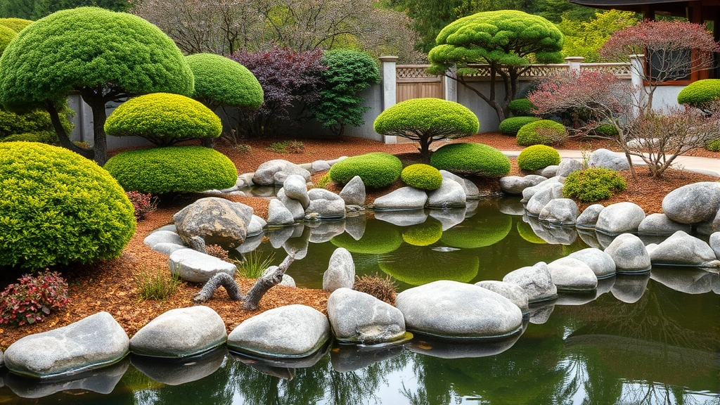 Japanese garden water feature with carefully pruned shrubs, smooth stones, and peaceful pond reflecting manicured landscape design elements