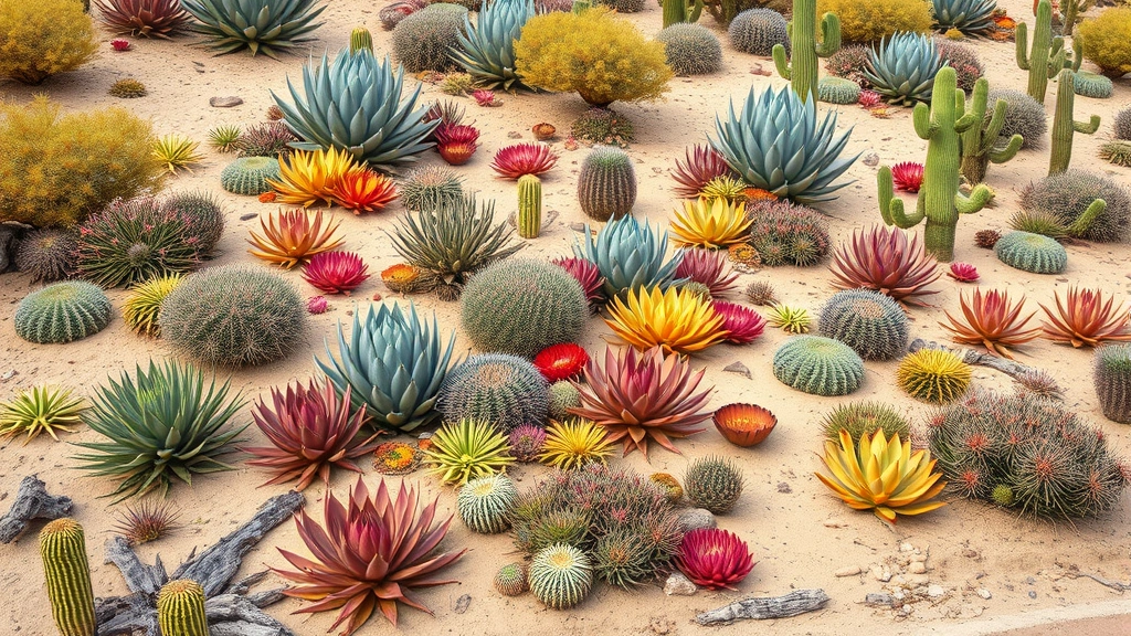 Desert garden display featuring colorful succulents, agave plants, and cacti arranged naturally on sandy slopes with native shrubs