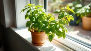 Lush basil plant with vibrant green leaves in a ceramic pot on a bright kitchen windowsill with natural sunlight streaming through glass