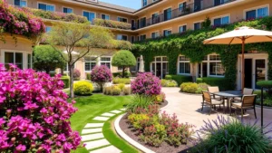 Lush hotel courtyard with flowering shrubs, manicured lawns, seasonal plantings, and comfortable outdoor seating area on a sunny day