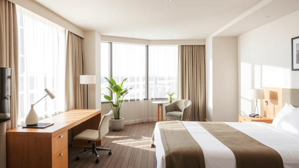 Modern hotel guest room interior with natural light from large windows, contemporary furnishings, work desk, and plant decorations