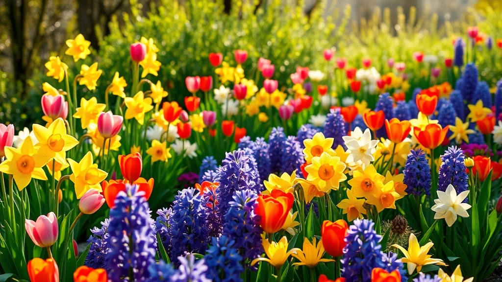Vibrant spring flower garden with blooming tulips, daffodils, and hyacinths creating colorful beds in morning sunlight with green foliage background