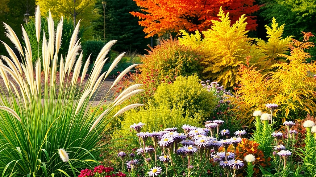 Autumn garden scene featuring ornamental grasses, late-blooming asters, and colorful foliage with deciduous trees displaying fall colors in soft afternoon light