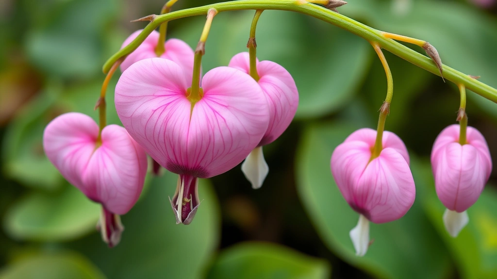Close-up of delicate pink bleeding heart flowers with heart-shaped petals drooping from green stems in spring garden setting