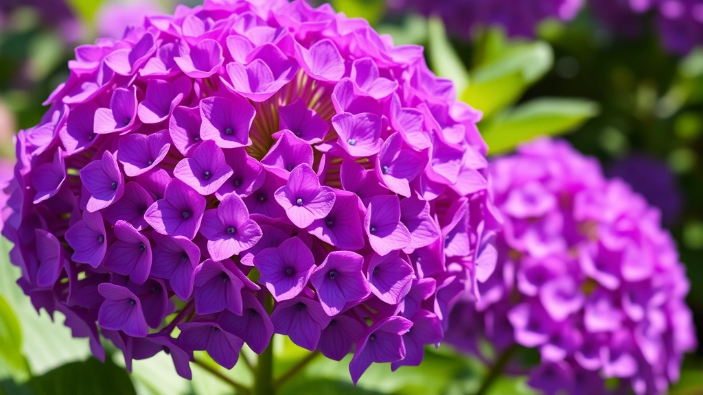 Vibrant purple hydrangea flower cluster with dozens of small blooms in full bloom, surrounded by green foliage in bright sunlight