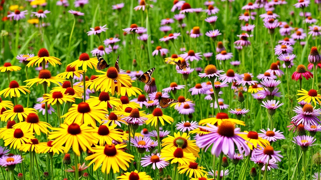 Field of golden-yellow coneflowers and purple asters blooming together in late summer garden, with butterflies visiting the flowers