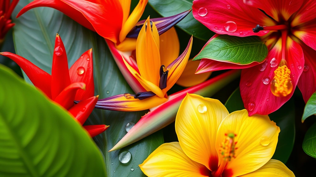 Close-up of colorful tropical flowers including red ginger, bird of paradise, and hibiscus blossoms with water droplets on petals, green leaves framing composition