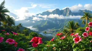 Lush tropical garden with towering Ko'olau Mountains in background, vibrant hibiscus and plumeria flowers in foreground, morning mist rising from valley, photorealistic Hawaiian botanical landscape