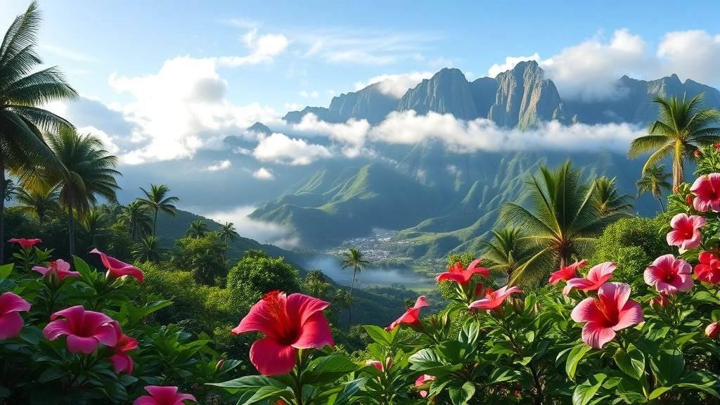 Lush tropical garden with towering Ko'olau Mountains in background, vibrant hibiscus and plumeria flowers in foreground, morning mist rising from valley, photorealistic Hawaiian botanical landscape