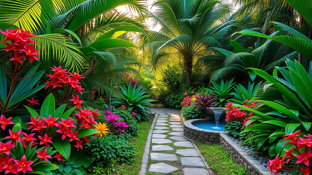 Lush tropical garden with vibrant flowering plants, water fountain feature, stone pathway winding through dense green foliage, afternoon sunlight filtering through canopy