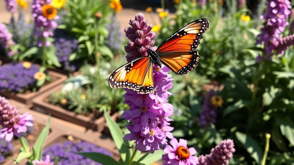 Close-up of colorful butterfly on purple butterfly bush flowers, garden beds with layered plantings, natural sunlight, living demonstration of pollinator-friendly gardening