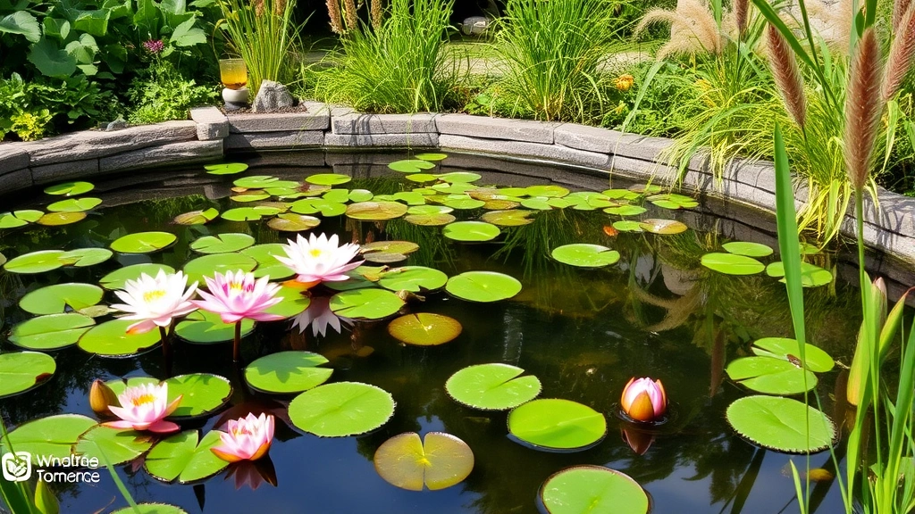 Serene water garden with lotus flowers and water lilies in reflection pond, surrounding ornamental grasses and shade plants, peaceful garden room setting