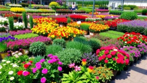 Vibrant nursery display showcasing colorful annuals, perennials, and ornamental plants arranged in organized garden beds with natural sunlight highlighting healthy green foliage and blooming flowers