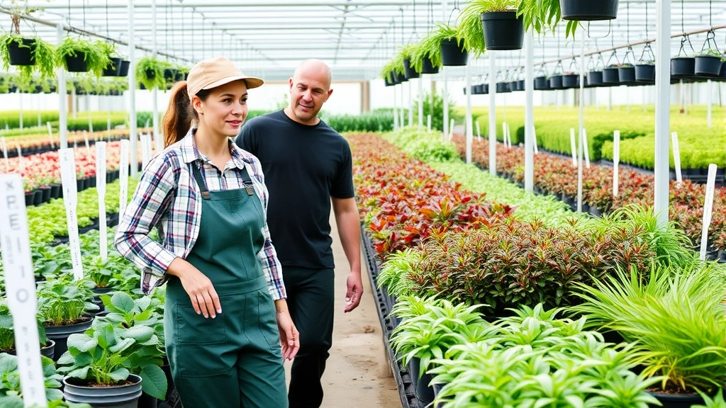Knowledgeable nursery staff member in gardening attire assisting customers among rows of thriving potted plants, demonstrating expertise and personalized service in a professional greenhouse environment