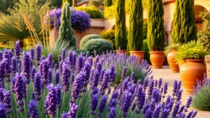 Lush Mediterranean garden featuring purple lavender in full bloom with Italian cypress trees and terracotta pots in warm golden afternoon light, no people or text visible