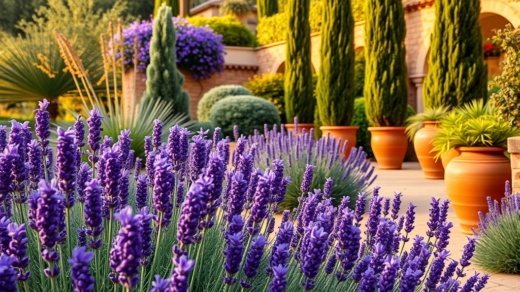 Lush Mediterranean garden featuring purple lavender in full bloom with Italian cypress trees and terracotta pots in warm golden afternoon light, no people or text visible