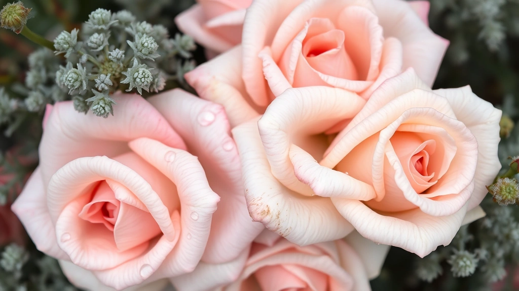 Close-up of fragrant garden roses in soft pink and cream colors with water droplets on petals, surrounded by silvery-green foliage like artemisia and dusty miller plants