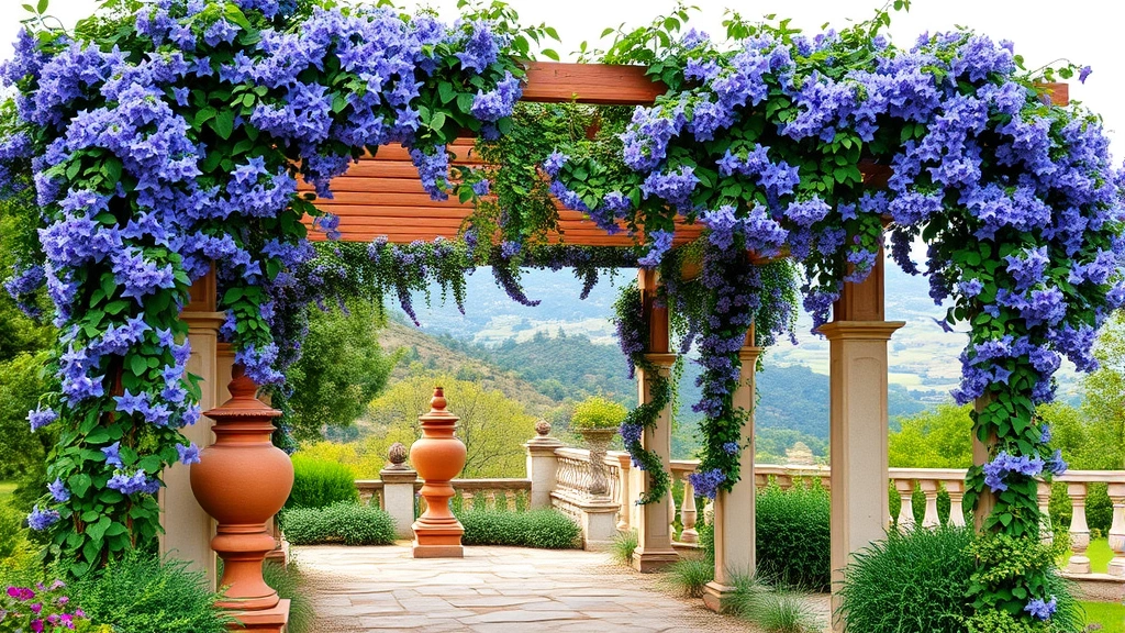 Romantic Italian garden pergola draped with climbing clematis vines producing purple-blue flowers, with stone pathway and traditional terracotta urns, Mediterranean landscape in background