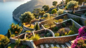 Terraced Mediterranean hillside garden overlooking blue lake with lemon trees, olive trees, and flowering shrubs on steep slopes with stone walls, golden sunlight, spring blooms