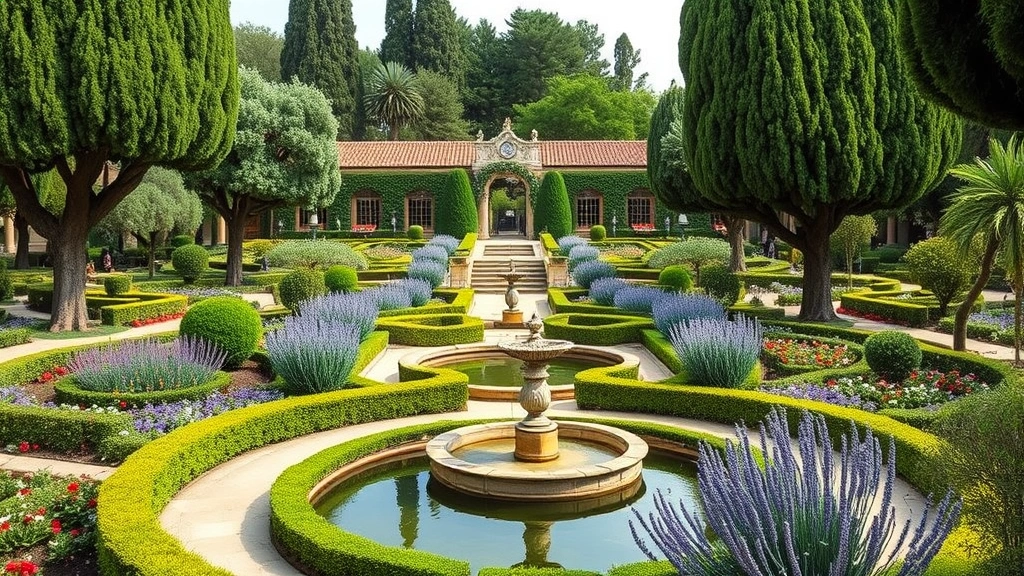 Ornate Italian botanical garden with specimen trees, formal pathways, flowering borders, Mediterranean plants including lavender and rosemary, peaceful water features, manicured hedges