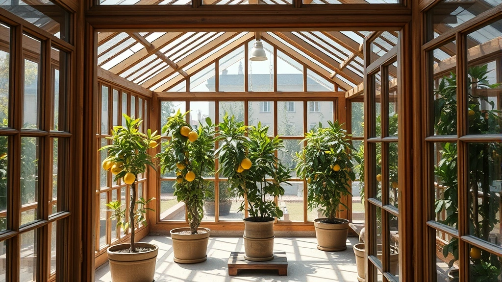 Historic glass lemon house structure with wooden frames, interior citrus trees in containers, traditional Italian limonaia architecture, bright natural light through glass panels, heritage preservation