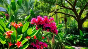 Lush tropical garden in Miami with vibrant Ixora flowers, Bougainvillea in pink-red blooms, and Gumbo Limbo trees providing dappled shade on a sunny day, demonstrating heat-loving plants thriving in intense sunlight and humidity