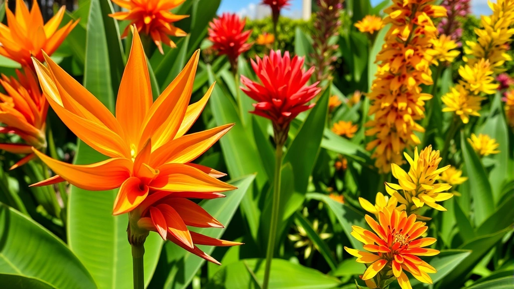Close-up view of colorful tropical flowers including orange Heliconia, red Pentas, and yellow Lantana clusters blooming in full sun during peak Miami heat, with green foliage and natural garden setting