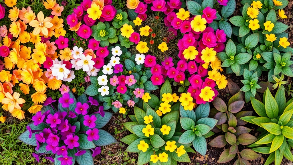Overhead view of established Miami garden bed with diverse groundcovers including Portulaca in multiple colors, Wedelia with yellow flowers, and Iresine foliage plants, demonstrating year-round tropical garden abundance and color