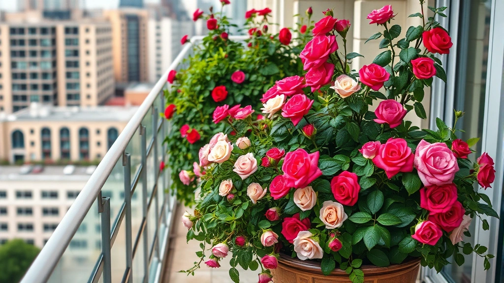 Lush container garden with vibrant flowering plants and climbing roses in shades of pink, red, and cream arranged on hotel balcony with city buildings visible in background, professional landscape photography