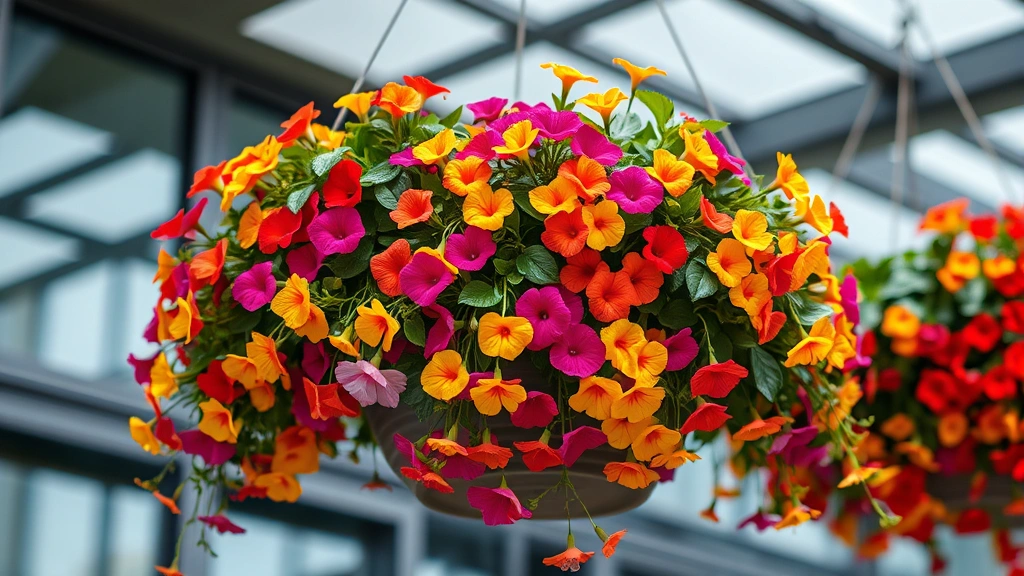 Close-up of ornamental hanging baskets overflowing with trailing petunias and calibrachoa in sunset colors suspended from modern architectural structure with water droplets visible on foliage