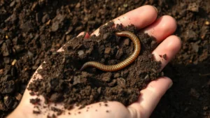 Close-up of rich, dark loamy soil texture with visible organic matter particles and healthy earthworm in gardener's palm, showing ideal rose garden soil composition in natural daylight