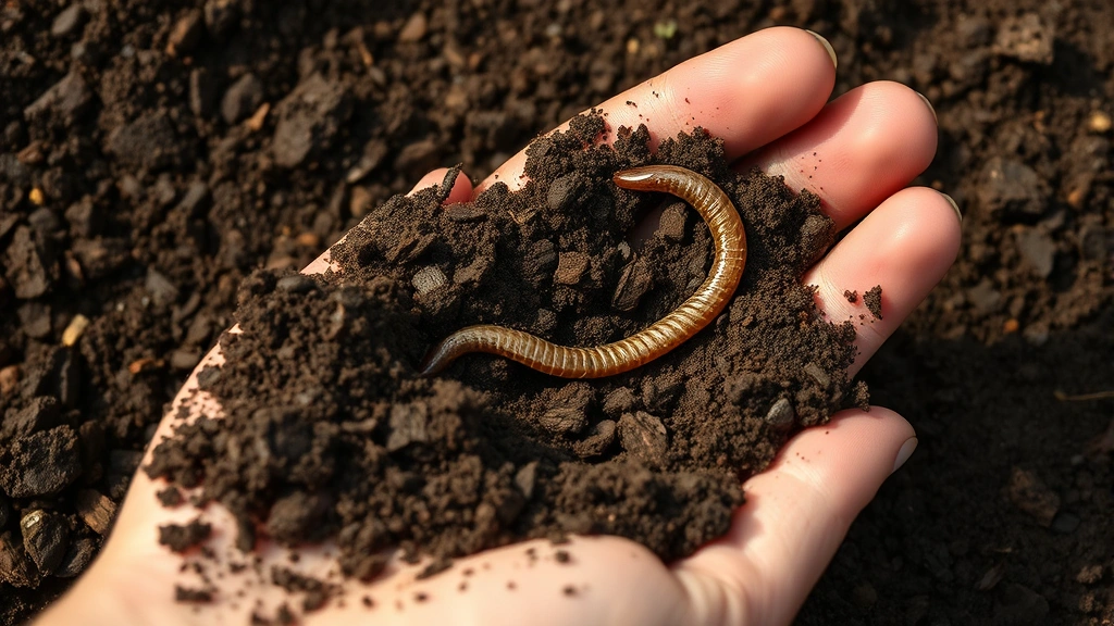 Close-up of rich, dark loamy soil texture with visible organic matter particles and healthy earthworm in gardener's palm, showing ideal rose garden soil composition in natural daylight