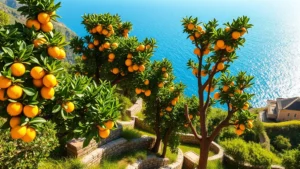 Lush terraced lemon grove on hillside overlooking sparkling blue Mediterranean lake, mature citrus trees with bright yellow lemons, stone walls, green foliage, golden sunlight