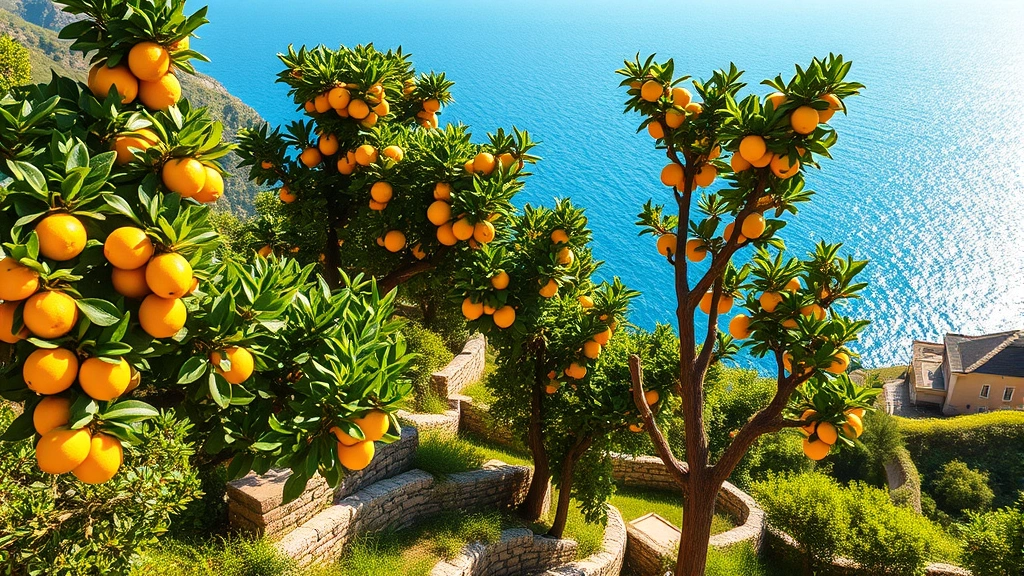Lush terraced lemon grove on hillside overlooking sparkling blue Mediterranean lake, mature citrus trees with bright yellow lemons, stone walls, green foliage, golden sunlight