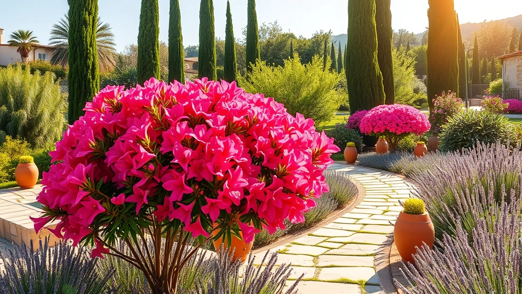 Mediterranean garden landscape with pink and red oleander flowers blooming abundantly, cypress trees, stone pathways, terracotta pots, lavender borders, warm sunlight