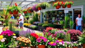 Vibrant Houston garden center outdoor display with colorful flowering plants, hanging baskets, and tropical species in full sun, customers browsing healthy plants